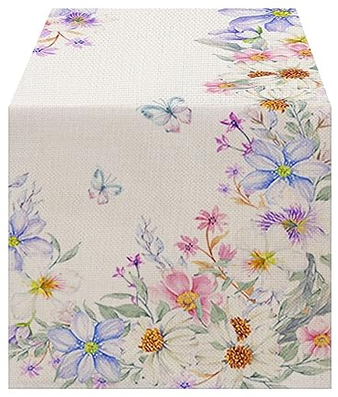 Lslandmood Bunt Tischläufer Modern Wohnzimmer Tischsets, Wetterfest Tischläufer Leinen, Lang Tischläufer Abwaschbar Outdoor, Natur Blumen Deko Tischläufer für Party Tischmatten Läufer 40x140