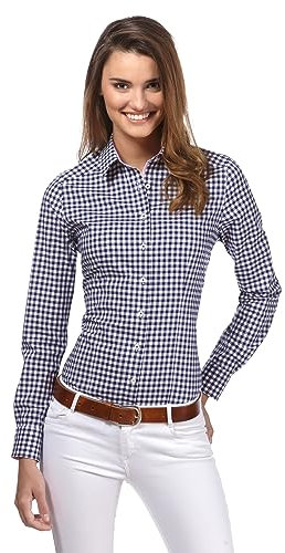 Vincenzo Boretti Chemisier Femme, légèrement cintré, Facile à Repasser, agréable à Porter, 100% Coton, Manche-Longue, col Kent, Motif à Carreaux Bleu foncé/Blanc 38