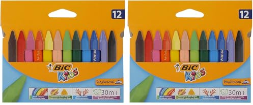 Bic Kids Plastidecor Colouring Crayons - Cardboard Wallet of 12 - Assorted Colours - Ideal For Small Kids (Pack of 2)
