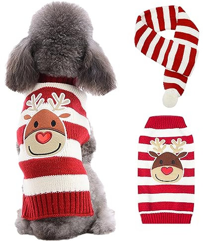 TENGZHI Bestickter Rentier-Rollkragenpullover, Strickschal, Urlaub, Hund, hässlicher Pullover, Weihnachten, Hundepullover für Hunde, Katzen (rotes Rentier + Schal, S)