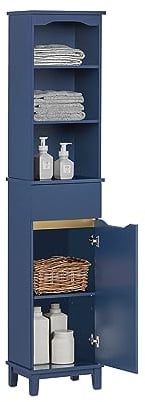 SoBuy Badezimmerschrank Hochschrank Badschrank Schmal mit 3 offenen Regalen, Schrank mit Tür und Schublade Badmöbel als platzsparender für Badezimmer 35 x 30 x 170 cm BZR112-B