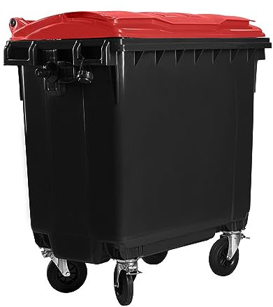 Bauer HARDWEX Müllcontainer mit 4 Rädern mit Flachdeckel, Müllgroßbehälter, Abfalltonne, Mülltonne, Volumen: 770 Liter, Farbe: Grau/Rot, Größe: 1 365 x 1 370 x 778 mm
