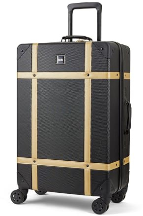 Rock Vintage Medium 57L Hard Shell Suitcase - Black & Gold | Nostalgic Vintage Design - Dual 360 Swivel Wheels, TSA Lock - Lightweight 4.1kg - Medium 67 x 41 x 26cm - Tough Shell
