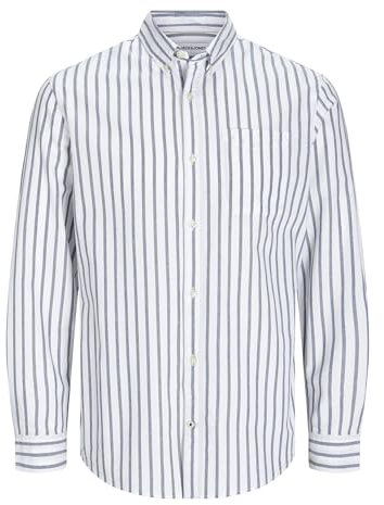 JACK & JONES Uomo Camicia Tinta Unita Taglie Forti Basic Manica Lunga Maglia Business JJEOXFORD, Colore:Bianco-Blu, Taglia:3XL