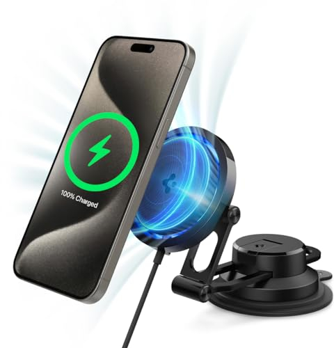 Spigen OneTap Pro 3 MagFit Cryomax Fast Wireless Cooling Noiseless Car Mount Charger Designed for MagSafe Car Phone Holder Compatible with iPhone 16 15 14 13 12 - Dashboard/Windshield