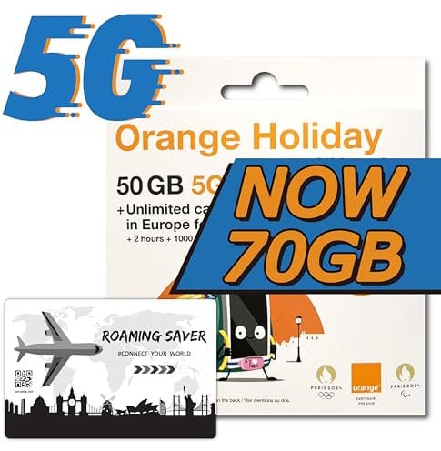 Orange Holiday Europe Prepaid-SIM-Karte jetzt 30 Tage, 100 GB Internetdaten von 5G/4G LTE (Daten-Tethering erlaubt) + 120 Minuten Internationale Anrufe + 1000 SMS