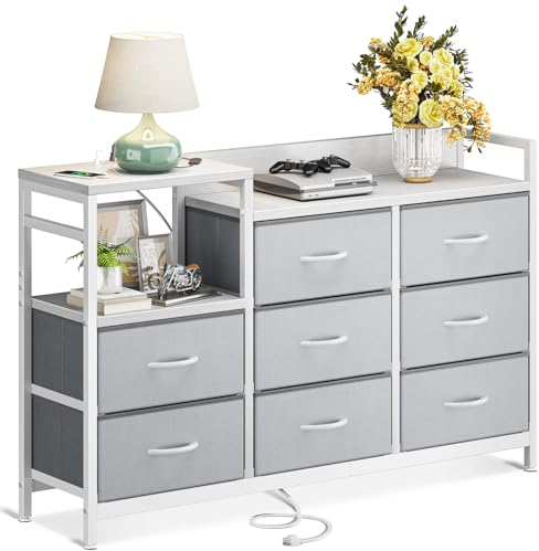 ODK Kommode mit Schubladen, 2 USB & 2 AC-Anschlüssen, 8 Schubladen aus Stoff - Geeignet für Multifunktionaler Schubladenschrank für Schlafzimmer und Wohnzimmer, 132 * 30 * 88 cm, Weiß und Hellgrau