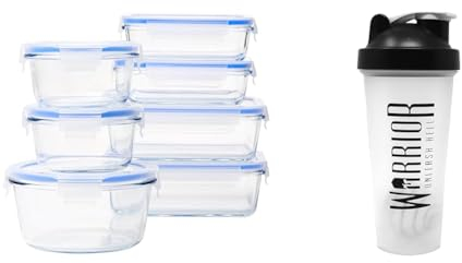 Amazon Basics Airtight Glass Food Storage Container Set with BPA-Free & Locking Plastic Lids & Warrior Supplements 7091 Protein Shaker Bottle 600ml - Mixball Shake Blender (Pack of 1), Black