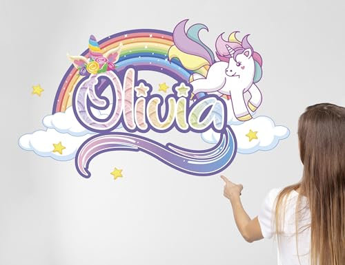 AdesiivoStudio Calcomanía de pared con nombre de unicornio – Calcomanía de pared personalizada de unicornio para habitación de niñas – Calcomanías de pared personalizadas para habitación de bebé niña