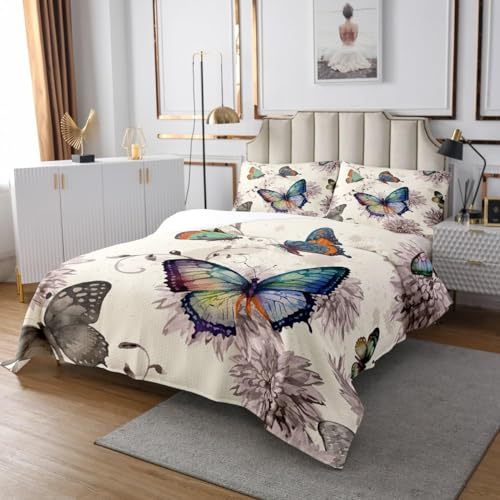 Homewish Tagesdecke Schmetterling für Mädchen und Frauen – Tagesdecke für Doppelbett 260 x 240 cm – Tagesdecke mit Aquarell-Blumen – bunte Schmetterlinge – leichte Vintage-Bettdecke