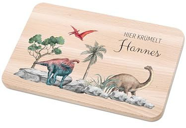 Bärenfreunde - Individuelles Holzbrett mit hochwertigem Spezial-Druck für Kinder - Personalisiertes Frühstücksbrettchen - Niedliche Motiv-Brettchen mit Namen (Dinosaurier Szenario)