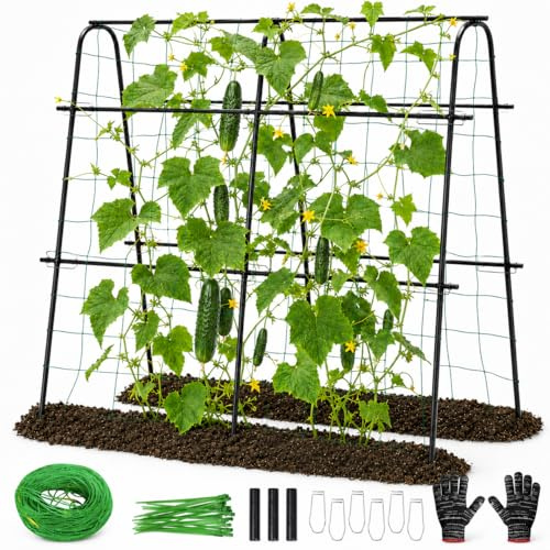 FOLLOOK Cucumber Trellis for Raised Garden Bed, 48x48inch, Black | Rustproof Metal Garden Arch Trellis for Climbing Plants Support Outdoor Fruit Grape Vine Vegetable Tomato Pole Bean Snap Pea