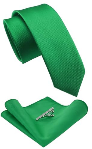 JEMYGINS Schmale Herren Krawatte und Einstecktuch krawattenklammer Set 6cm Grün