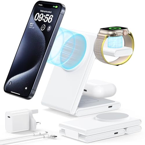 Meifigno 3 in 1 Foldable Magnetic Wireless Charging Station with PD 20W USB-C Adapter, Compatible with MagSafe, Charger Stand for iPhone 16/15/14/13/12 Series, Apple Watch, AirPods, White