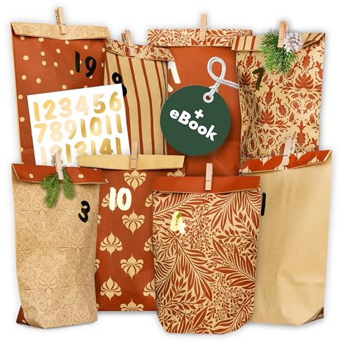 AMARI ® Adventskalender zum Befüllen Nr. 20 Vintage Brown - 24 Papier Adventstüten (mit Holzklammern) zum Basteln für Weihnachten - Papier Weihnachtstüten