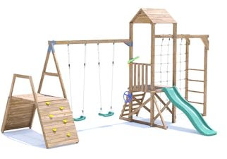 Dunster House Climbing Frame with Double Swing, LOW Platform, Climbing Wall, Monkey Bars, Cargo Net & Slide SquirrelFort