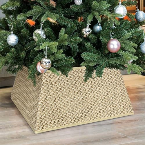 HarcoHome Woven Christmas Tree Collar for Artificial Trees, 17 inch Square Tree Skirts for Pencil Trees, Folable Xmas Tree Ring for Christmas Tree Decoration (Natural)