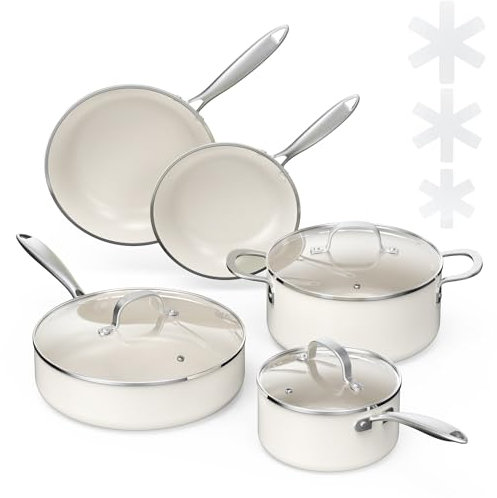 PekGema Ceramic Pots and Pans Set, 11 Pcs Cookware Set Non Toxic, Nonstick Kitchen Cookware, Oven Safe Cooking Pan Set, PFAS PTFE PFOA FREE, Cream White