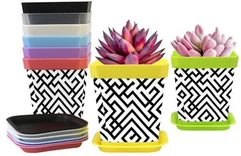 Macetas de plástico para interiores, con estampado de zigzag de cheurón negro y blanco, mini maceta de flores con palé, contenedores decorativos modernos para jardinería (juego de 8)