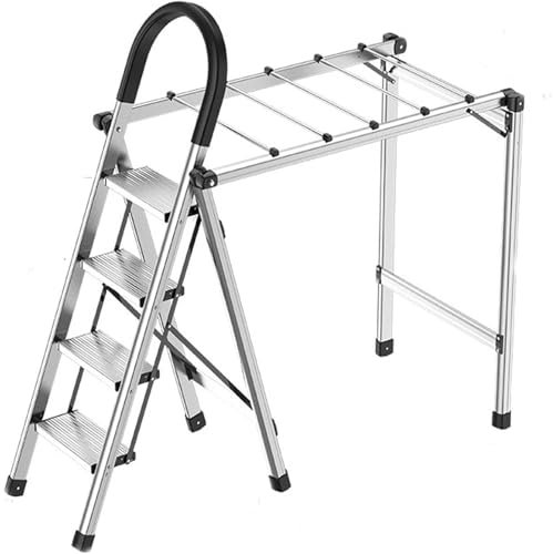 ZQDUFEA 4-Stufen-Leiter aus Aluminiumlegierung, Leichter klappbarer Tritthocker mit breitem Anti-Rutsch-Pedal und Handlauf-Wäscheständer