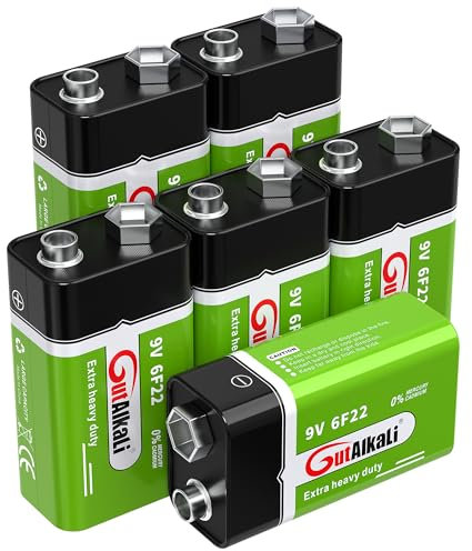 GutAlkaLi Batteries 9V Block Battery, 6 pieces, Longlife Power for Smoke Detectors, Fire Alarms, Microphone 6lr61 6F22 PP3 MN1604