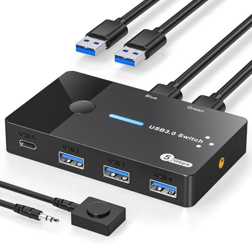 AILVLVNG USB 3.0 Switch 2 Computers Sharing USBC & USBA Devices, USB Switcher 2 Port Sharing Keyboard Mouse and Printer with 2 Universal Serial Bus 3.0 Cables and Desktop Controller