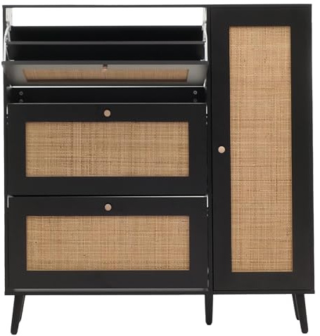 Mendler Rattan-Schuhkipper HWC-M37, Schuhregal Schuhschrank, 3 Kippfächer 2 Regalböden 127x120x24cm Holz Melamin - schwarz