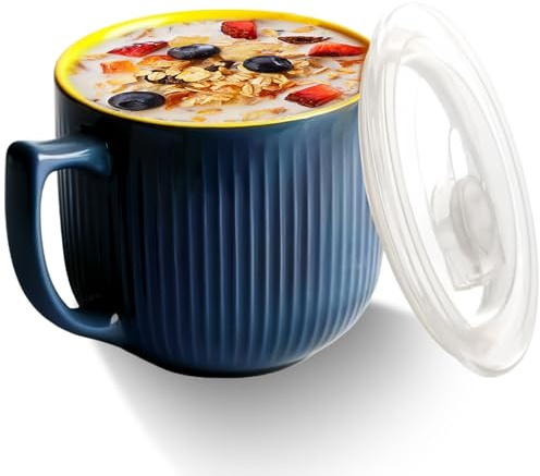 Ciotola da zuppa in ceramica con manico, 900 ml, con coperchio, ciotola ramen, tazza da caffè grande per pranzo, pasta, frutta, cereali (grigio)
