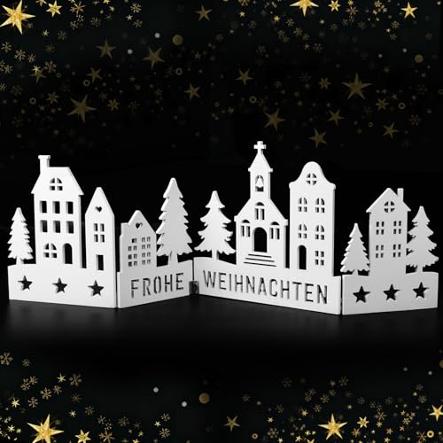BETESSIN Tischdeko Weihnachten Holz - Frohe Weihnachten Fensterdeko Faltbar - Dekoaufsteller Häuser Silhouette Weiß - Weihnachtsdeko zum Basteln Holz Haus Dekoration