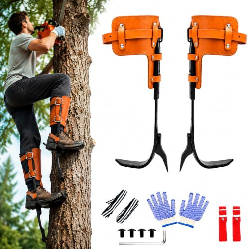 timiland Steigeisen Baumklettern,Baumklettern Ausrüstung,Höhenverstellbare und mit Rindslederriemen Baumklettern Schuhe,Rutschfestes Climbing Spike Set für Waldcamping, Obsternte.