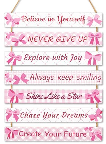 Inspirational Quotes Wall Art, Girls Bedroom Accessories Preppy Room Decor, Motivational Wall Art Bedroom Decorations, Pink Bow Plaque Sign Hanging Ornament for Nursery Playroom Classroom Dorm Decor