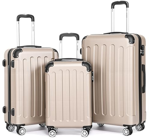 Boleedy 3tlg Kofferset, Trolley Koffer Reisekofferset, (55/66/76CM), Handgepäck Koffer, 360°drehbare Hartschalenkofferset, Leise Doppelräder&Teleskopgriff Gepäck (Champagner)