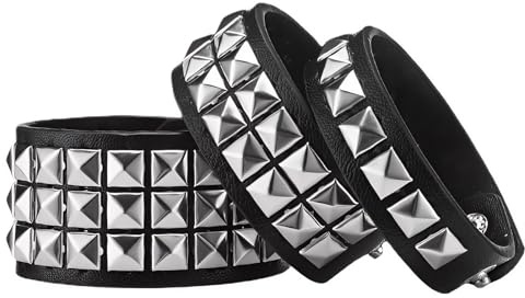 kcrnw 3Pcs Black Leather Punk Studded Bracelets Gothic Cuff Wristbands | Adjustable Silver Rock Bangle Set with Silver Studs for Daily Wear Cosplay Stage Performance Party Men & Women