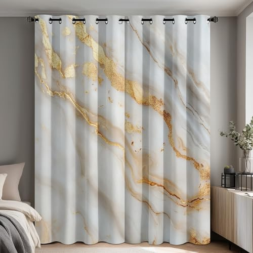Generisch Blickdichte Vorhänge Marmor, Thermo Verdunklungsvorhänge 2er Set, Weiß Gold Marmor Gardinen mit Ösen, Wohnzimmer Schlafzimmer Fenster Deko, H 245 x B 140 cm K185