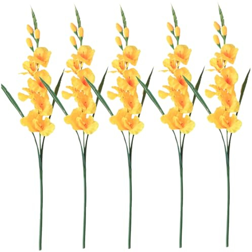 Wedhapy blommor gladiolus konstgjorda blommor 5 st 65 cm lång stjälk realistisk gladiolus med 3 knoppar och 7 lågt underhåll dekorativ fuskgrönska, gul