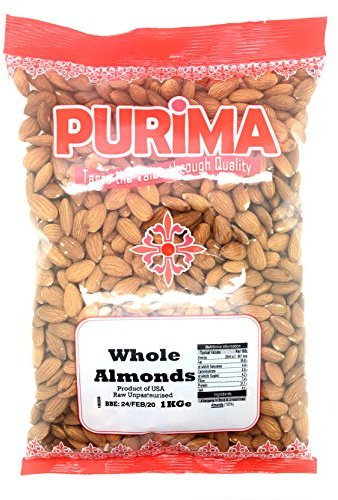 Almonds 1kg - 100% Raw Whole Almond 1 kg Bag - USA American Californian - Unpasteurised Kernels Nut - Protein & Fibre for Keto & Paleo – Non GMO & Vegan (Packaging May Vary) PURIMA