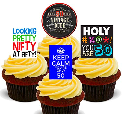 50th Birthday Male, Funny Edible Cupcake Toppers - Stand-up Wafer Cake Decorations (Pack of 12)