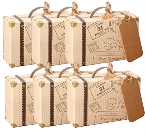 AmaJOY Mini-Koffer, Gastgeschenkbox für Hochzeiten mit Anhängeschildchen aus Kraftpapier und Leinenschnur, Süßigkeitenschachtel für Geburtstagsfeier/Babyparty/Hochzeitsdekor, 50 Stück