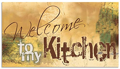 ARTland Spritzschutz Küche aus Alu für Herd Spüle 90x50 cm (BxH) Küchenrückwand mit Motiv Spruch Shabby Landhaus Kunst Willkommen Ocker H6ZJ