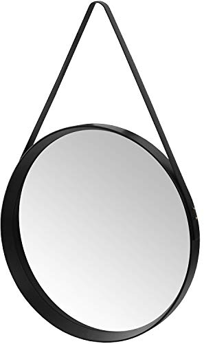 Excellent Houseware Wandspiegel rund Ø52cm mit Gurt-Aufhängung, Schwarz, Hängespiegel Flurspiegel Frisierspiegel