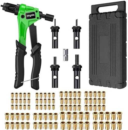 eSynic 8 Remachadora de Tuercas, Pistola de Remachadora Manual con 100pcs de M3 M4 M5 M6 Tuercas de Remache y Un Estuche Resistente Herramienta Robusta y Ergonómica para Trabajos de Reparación