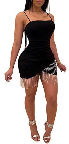 Loalirando Robe à Bretelle Femme Sexy Moulante Mini Robe Crayon Asymétrique Finition Franges Soirée Clubbing Cockail