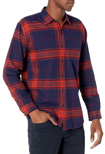 Amazon Essentials Chemise en flanelle à manches longues Homme, Bleu Foncé Orange Grand Plaid, XL