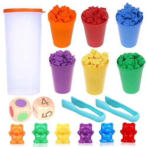 camelize Bären Zählen,71 Stück Montessori Mathe Spielzeug,Bunte Regenbogen Zählen Bären Spiel mit passenden Bechern, Würfeln und Pinzetten, Perfect Math Skills Games Educational