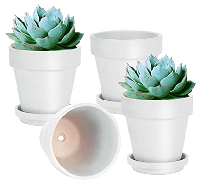 vensovo Lot de 4 pots de fleurs en terre cuite et argile blanche de 15,2 cm avec soucoupe – Pot de fleurs moyen en terre cuite avec trou de drainage pour plantes d'intérieur et d'extérieur, travaux