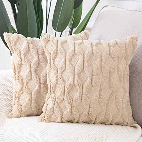 Madizz 2er Set Sanft Plüsch Kurze Wolle Samt Dekorativ Zierkissenbezüge Luxus Stil Kissenbezug für Sofa für Schlafzimmer Khaki 50x50 cm Quadrat