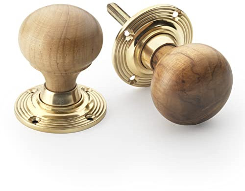 A.B Hardware 1 Pair of Polished Brass & Teak Style Wooden Wood Mortice Rim Door Knobs Pairs