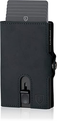 Lederhand® Aventus Wallet – Leder Geldbörse handgemacht für Herren und Damen Portemonnaie Aluminium Kartenhalter mit Münzfach und Platz für 9 Karten mit RFID NFC Schutz Farbe|(Schwarz)