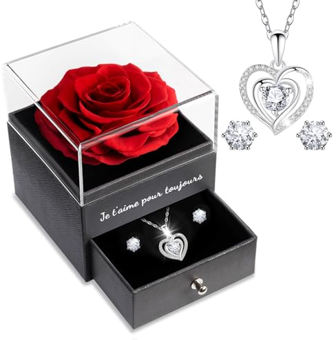 Sunia Cadeau Fete des Meres, Rose Eternelle avec Bijoux Argent 925, Collier Coeur Boucles d'oreilles, Coffret Cadeau Femme, Rose Préservée avec Collier, Cadeau Anniversaire Femme, Amour Cadeau Maman