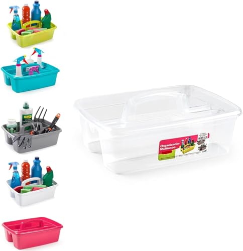 Large Strong Plastic Kitchen Cleaning Carry Tray Caddy Tidy Organiser Cleaning Tool Utility Caddy Storage Gardening Home Bottle Carrier with Handle (Clear)